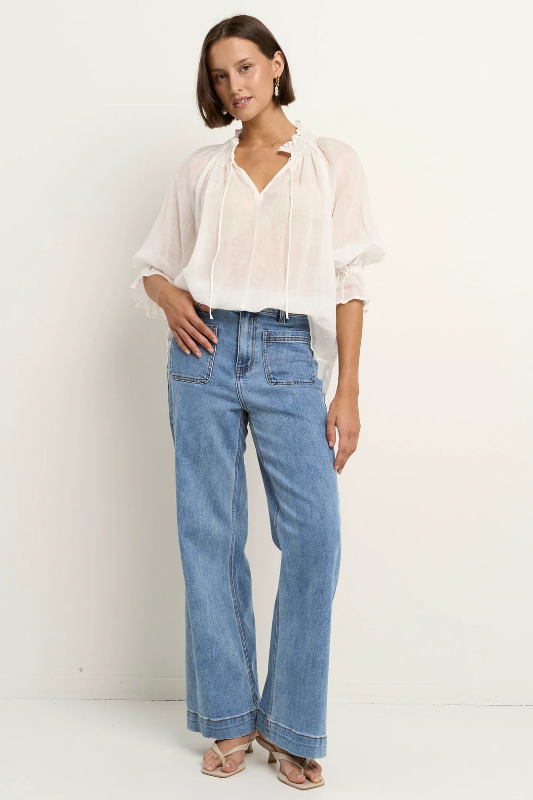 Among The Brave Expedition Ramie Shirred Neck Short Sleeve Top - Ivory - Shop 9