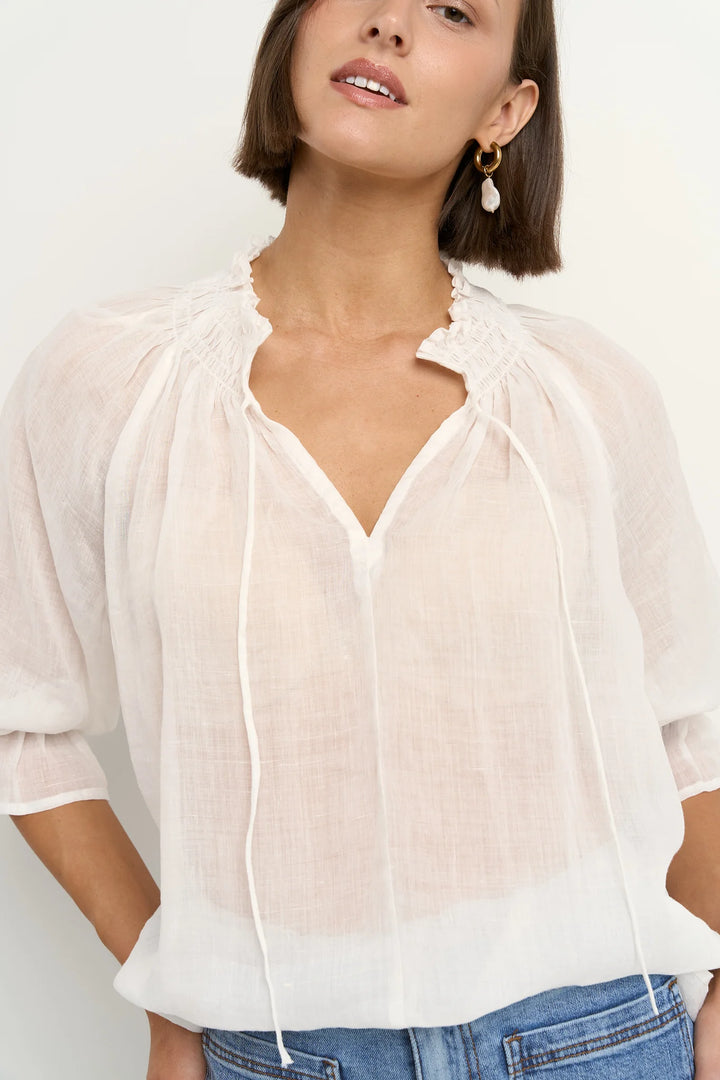 Among The Brave Expedition Ramie Shirred Neck Short Sleeve Top - Ivory - Shop 9