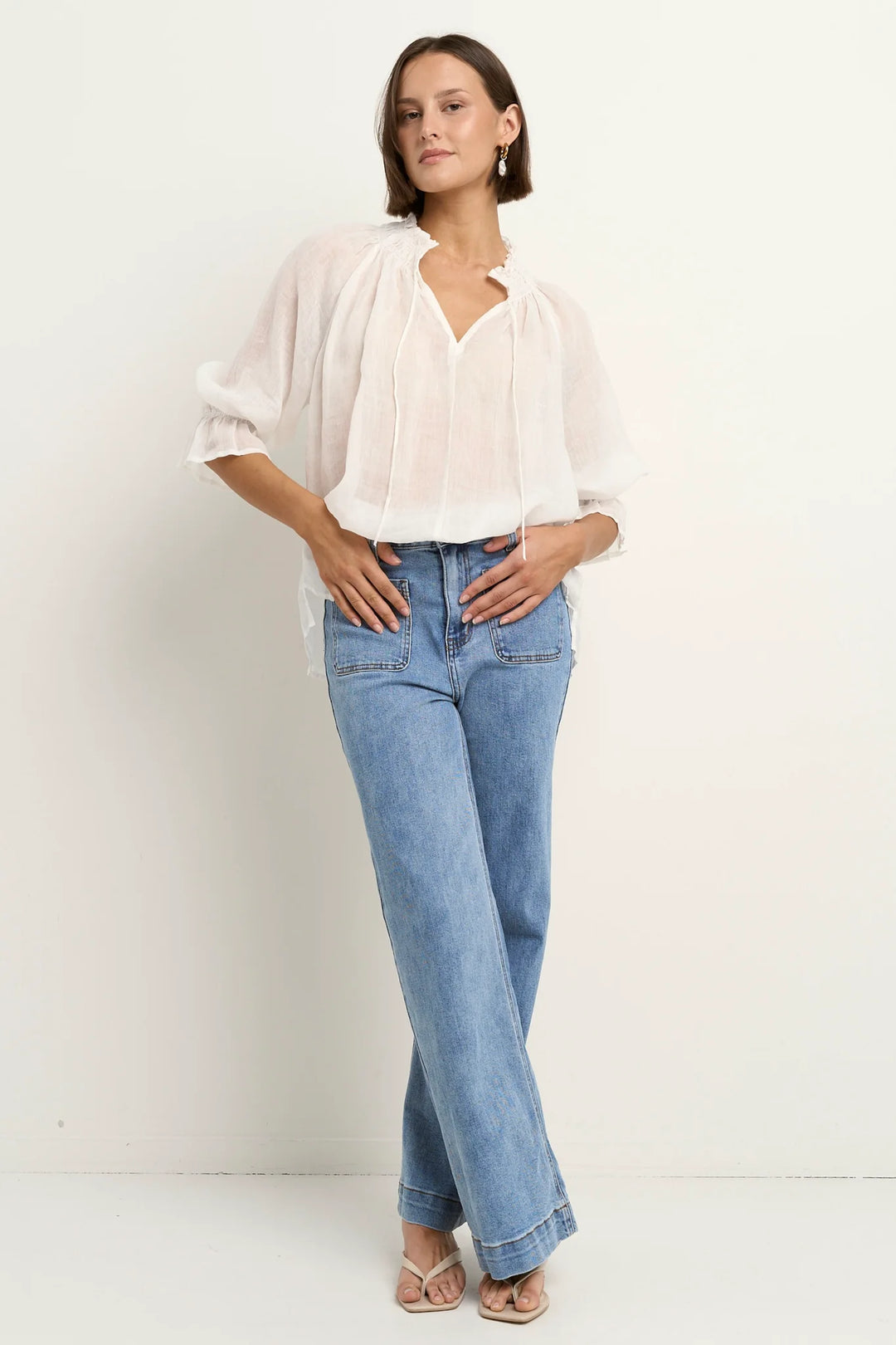Among The Brave Expedition Ramie Shirred Neck Short Sleeve Top - Ivory - Shop 9