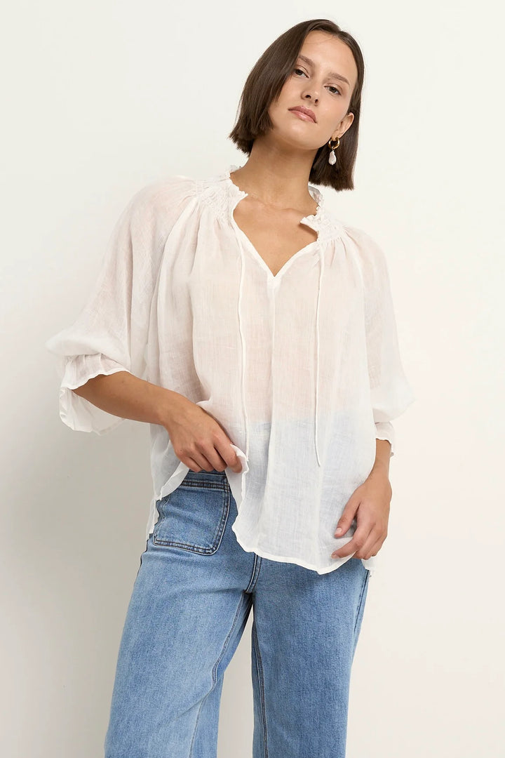 Among The Brave Expedition Ramie Shirred Neck Short Sleeve Top - Ivory - Shop 9