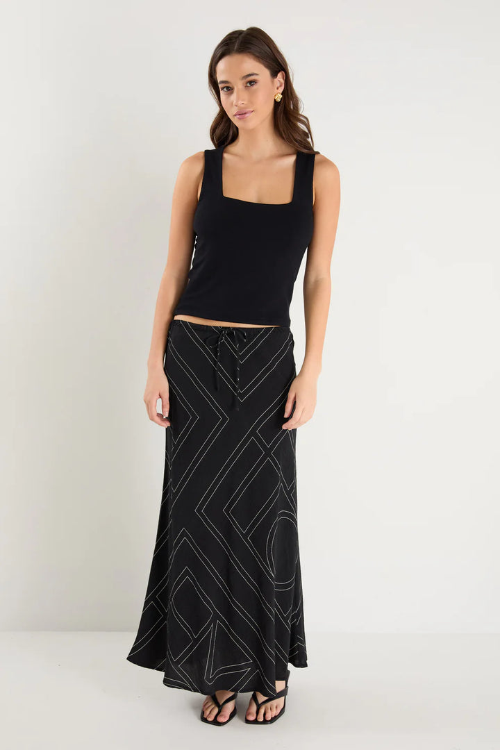 Among The Brave Summit Viscose Blend Tie Waist Bias Maxi Skirt - Black / Ivory - Shop 9