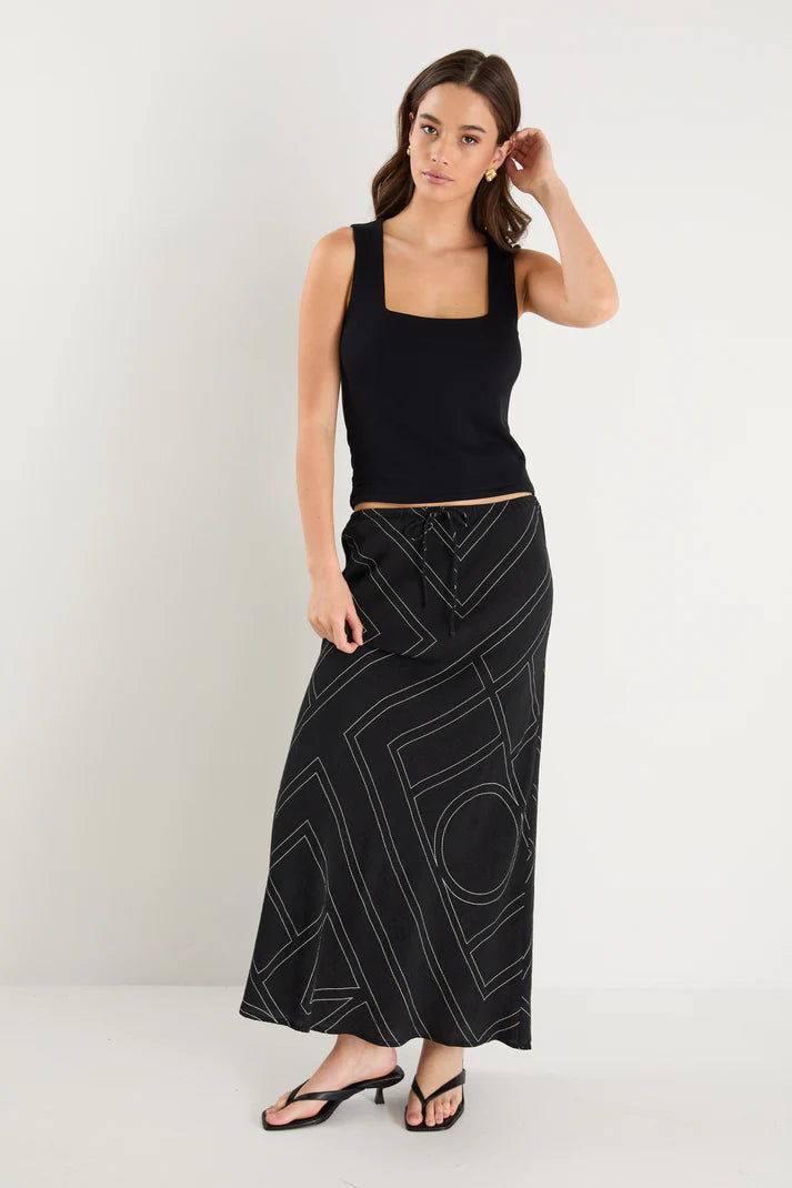 Among The Brave Summit Viscose Blend Tie Waist Bias Maxi Skirt - Black / Ivory - Shop 9