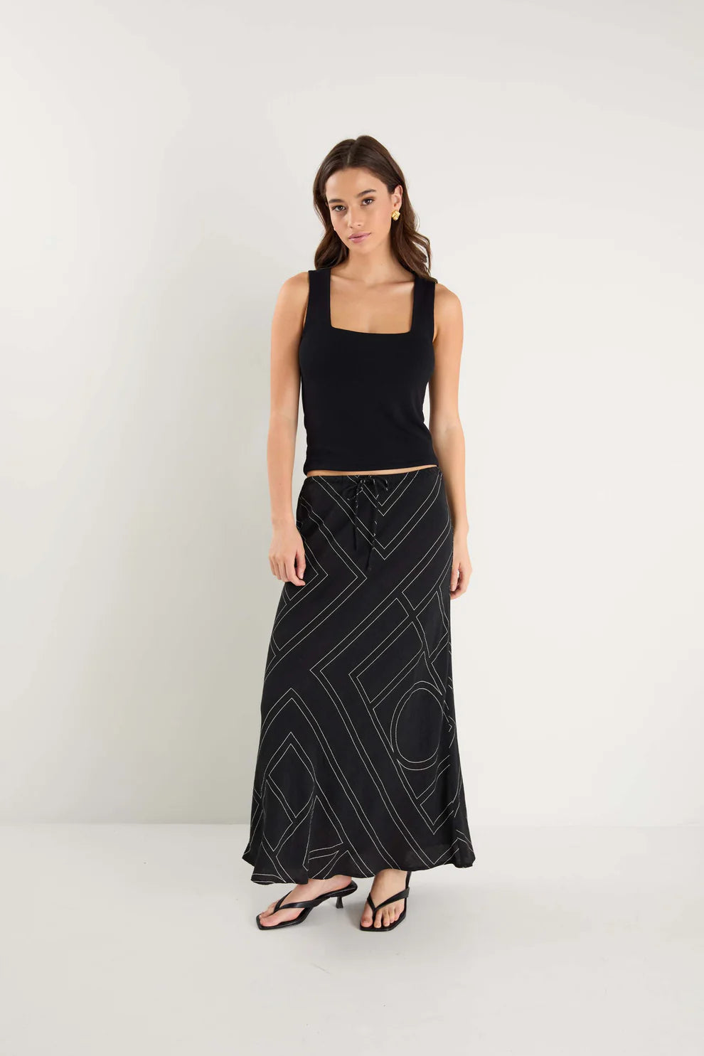 Among The Brave Summit Viscose Blend Tie Waist Bias Maxi Skirt - Black / Ivory - Shop 9