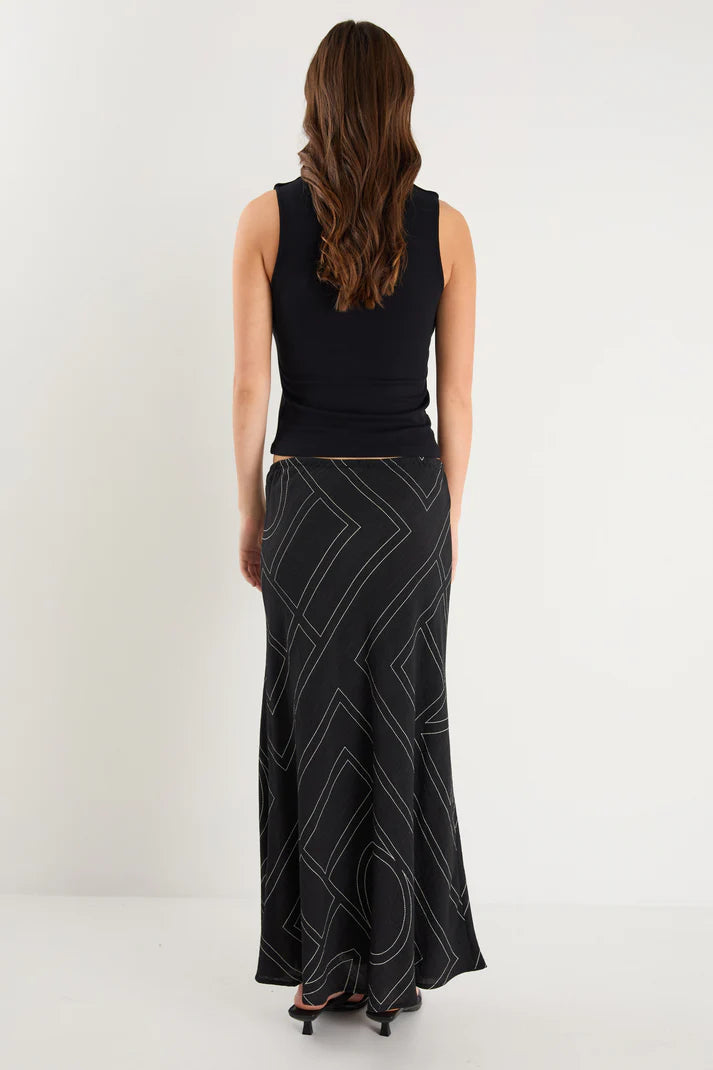 Among The Brave Summit Viscose Blend Tie Waist Bias Maxi Skirt - Black / Ivory - Shop 9
