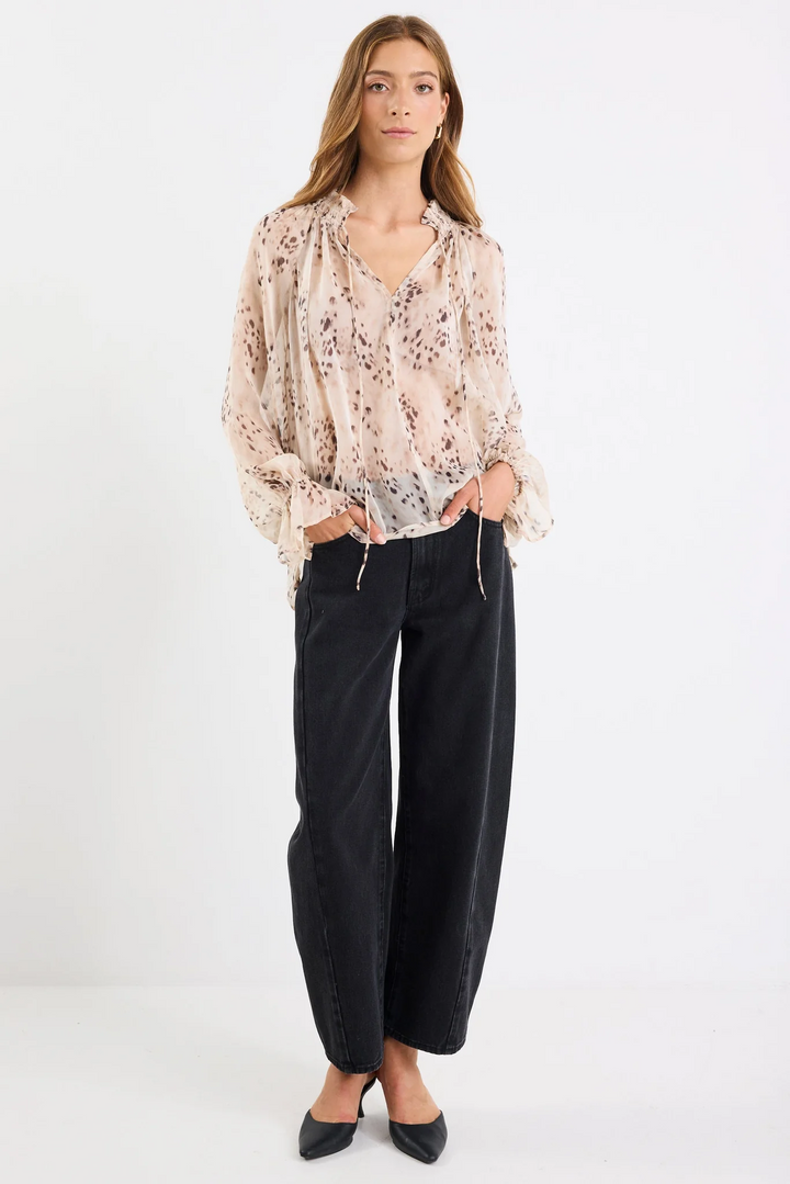 Among the Brave Odyssey Beige Leopard Georgette Shirred Neck LS Top - Shop 9