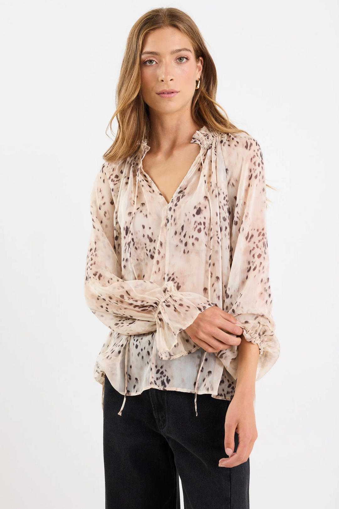 Among the Brave Odyssey Beige Leopard Georgette Shirred Neck LS Top - Shop 9