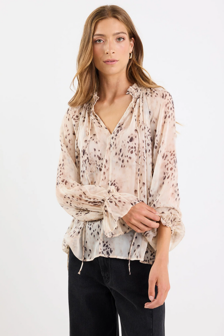 Among the Brave Odyssey Beige Leopard Georgette Shirred Neck LS Top - Shop 9