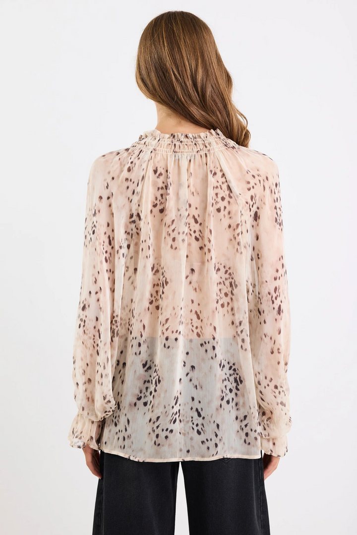 Among the Brave Odyssey Beige Leopard Georgette Shirred Neck LS Top - Shop 9