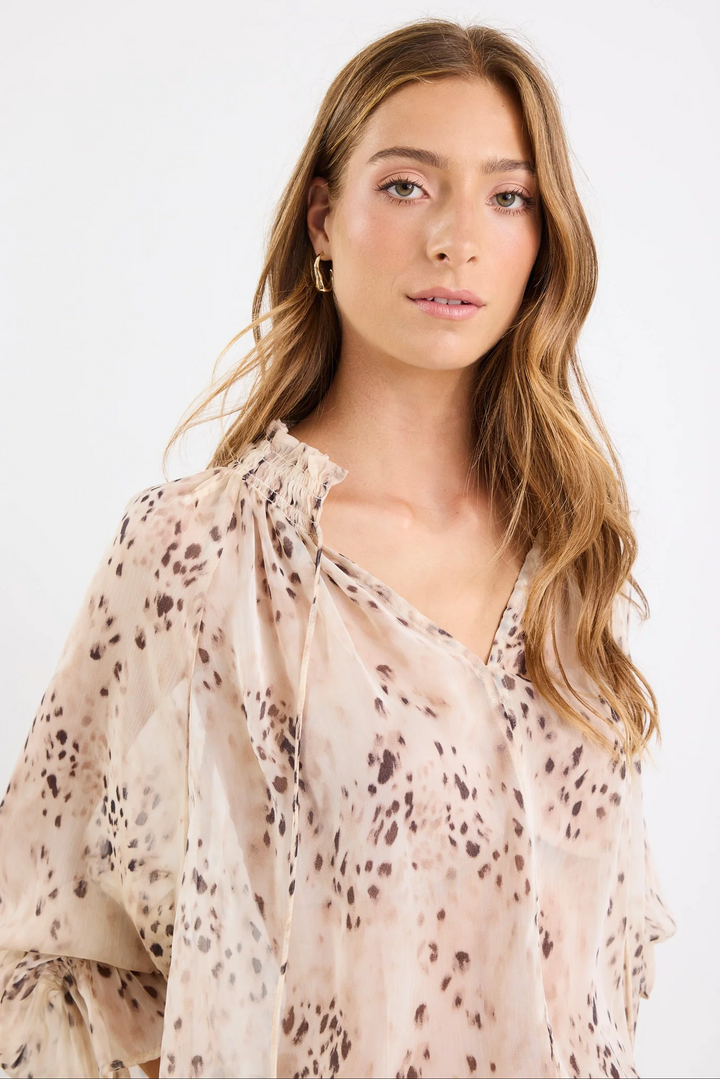 Among the Brave Odyssey Beige Leopard Georgette Shirred Neck LS Top - Shop 9
