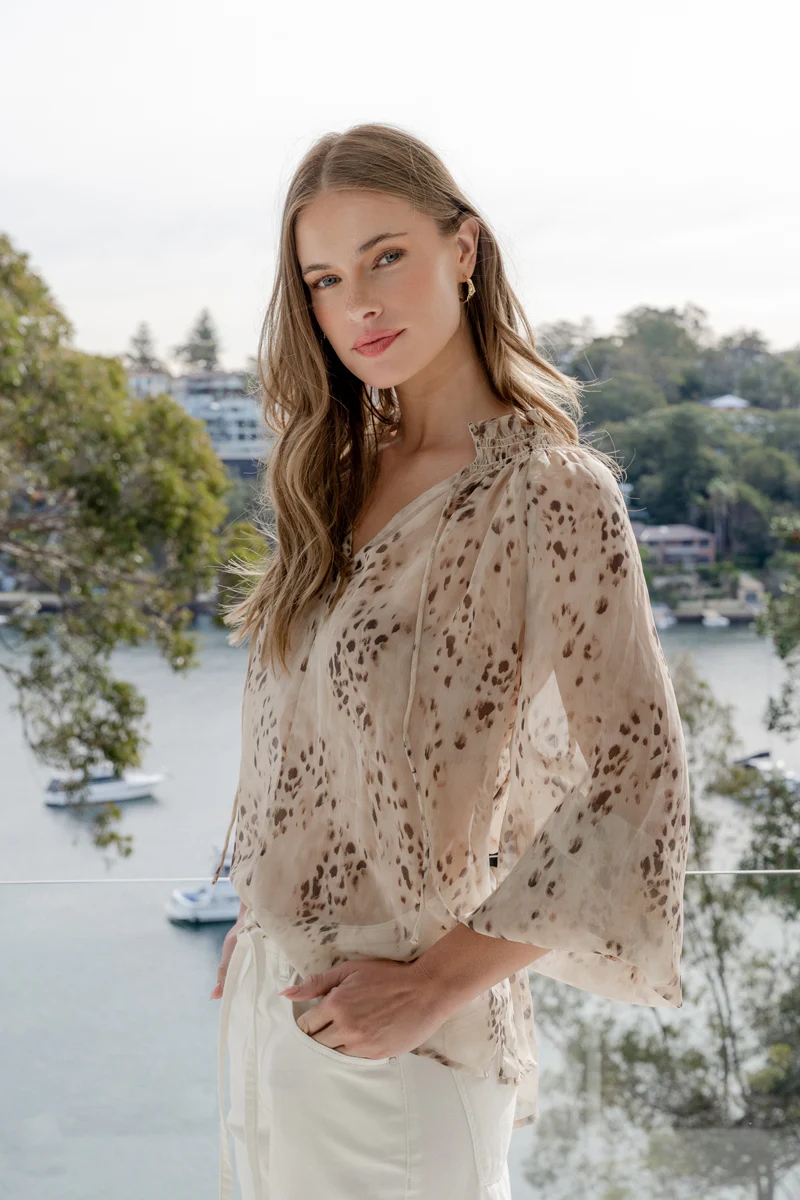Among the Brave Odyssey Beige Leopard Georgette Shirred Neck LS Top - Shop 9