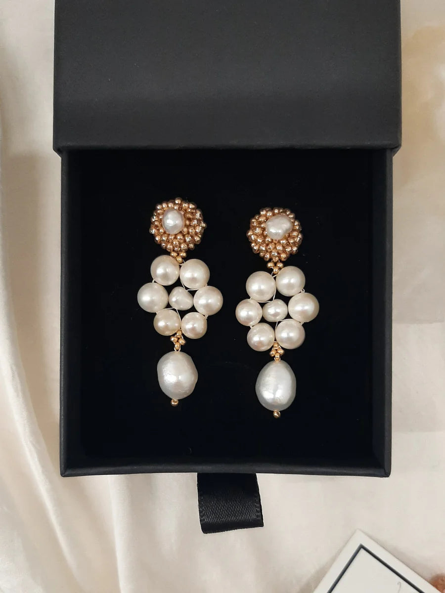 Crystal and Cord Lishara - Hand Beaded stud and freshwater pearl beads flower earrings - Shop 9