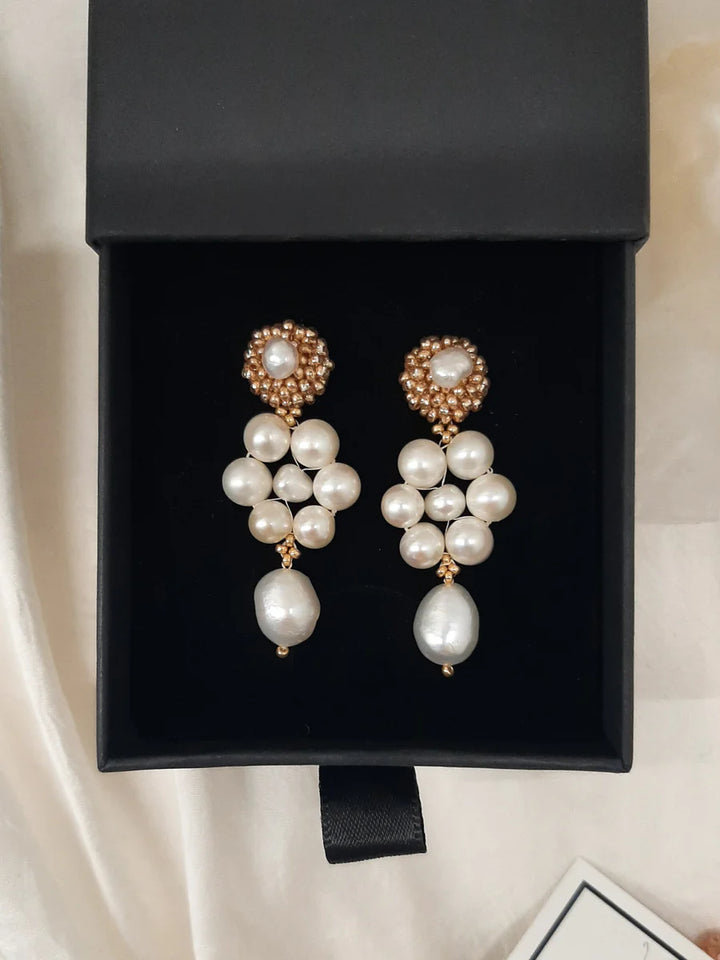 Crystal and Cord Lishara - Hand Beaded stud and freshwater pearl beads flower earrings - Shop 9