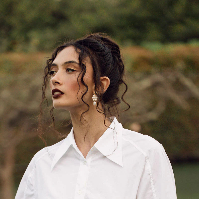 Crystal and Cord Lishara - Hand Beaded stud and freshwater pearl beads flower earrings - Shop 9