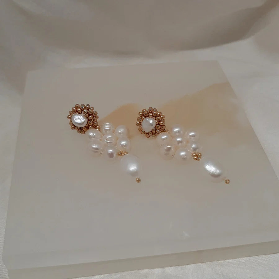 Crystal and Cord Lishara - Hand Beaded stud and freshwater pearl beads flower earrings - Shop 9