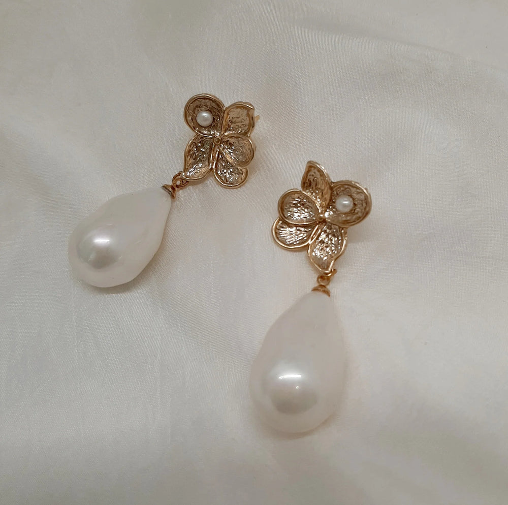 Crystal and Cord Monica - Faux Pearl drop and gold tone petal flower earrings - Shop 9