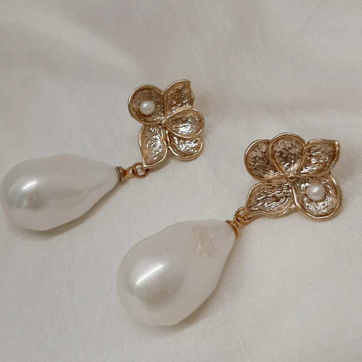 Crystal and Cord Monica - Faux Pearl drop and gold tone petal flower earrings - Shop 9