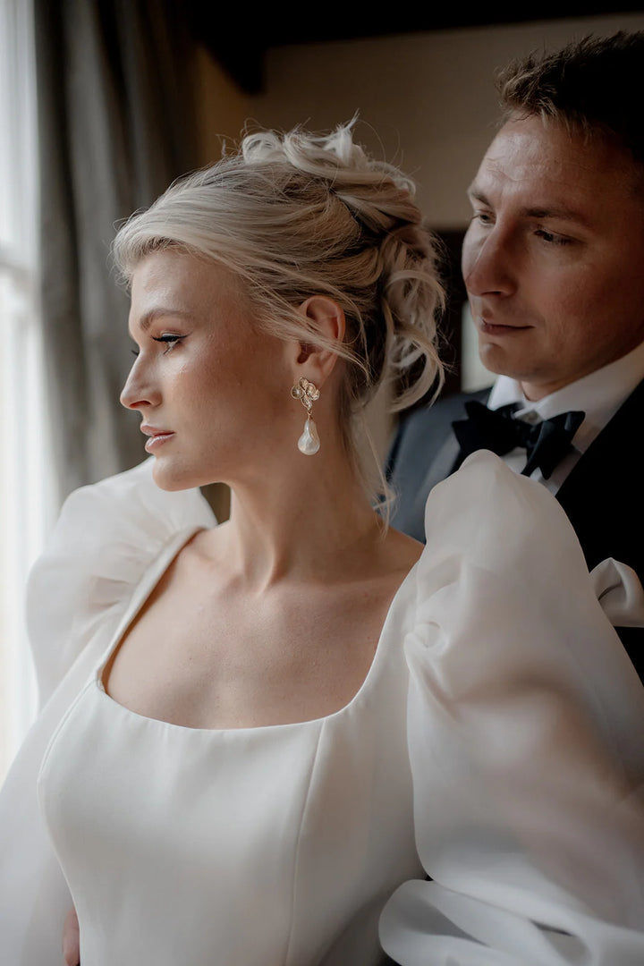 Crystal and Cord Monica - Faux Pearl drop and gold tone petal flower earrings - Shop 9