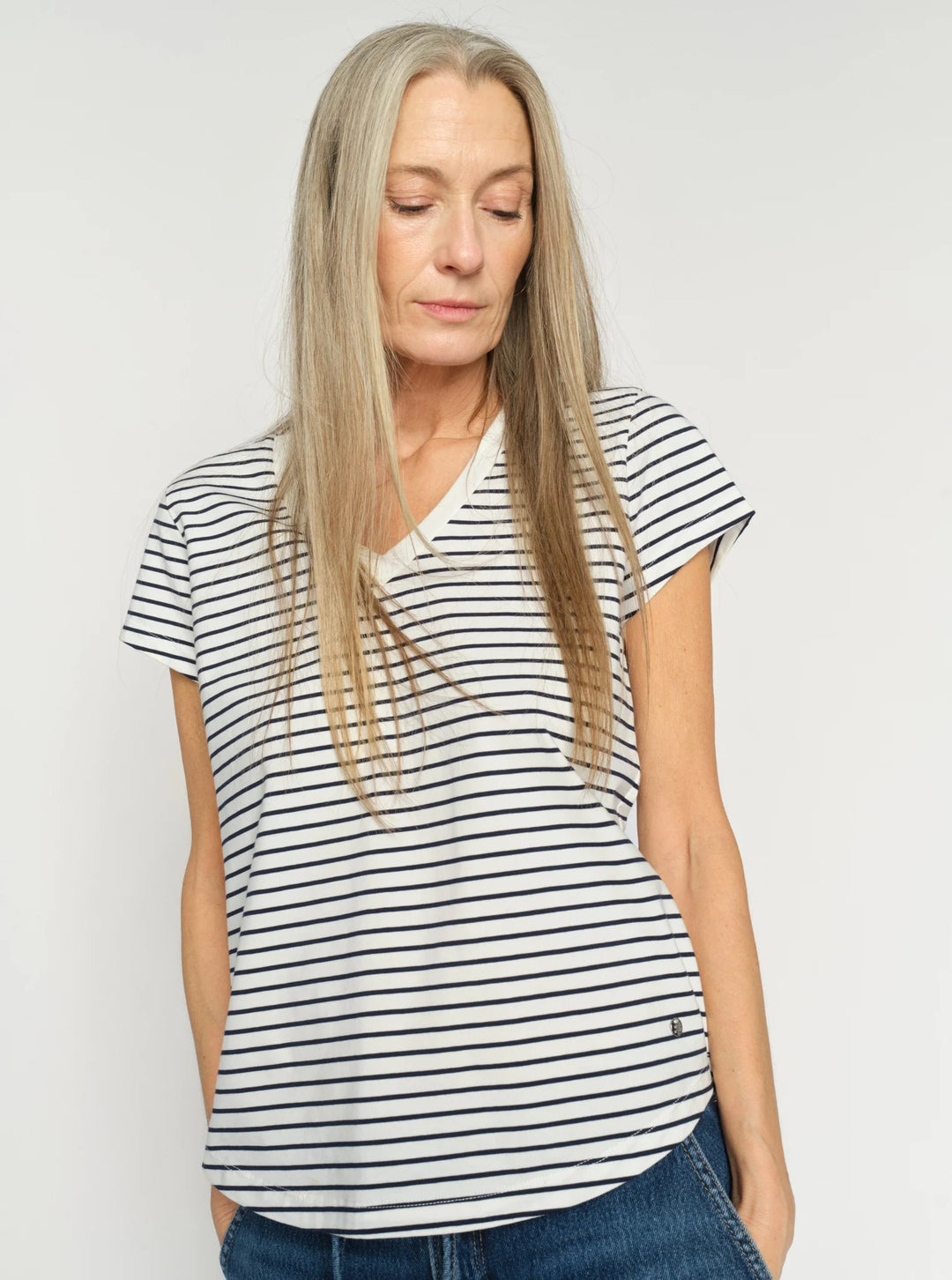 Mos Mosh Kala V-SS Stripe Tee - Salute Navy - Shop 9