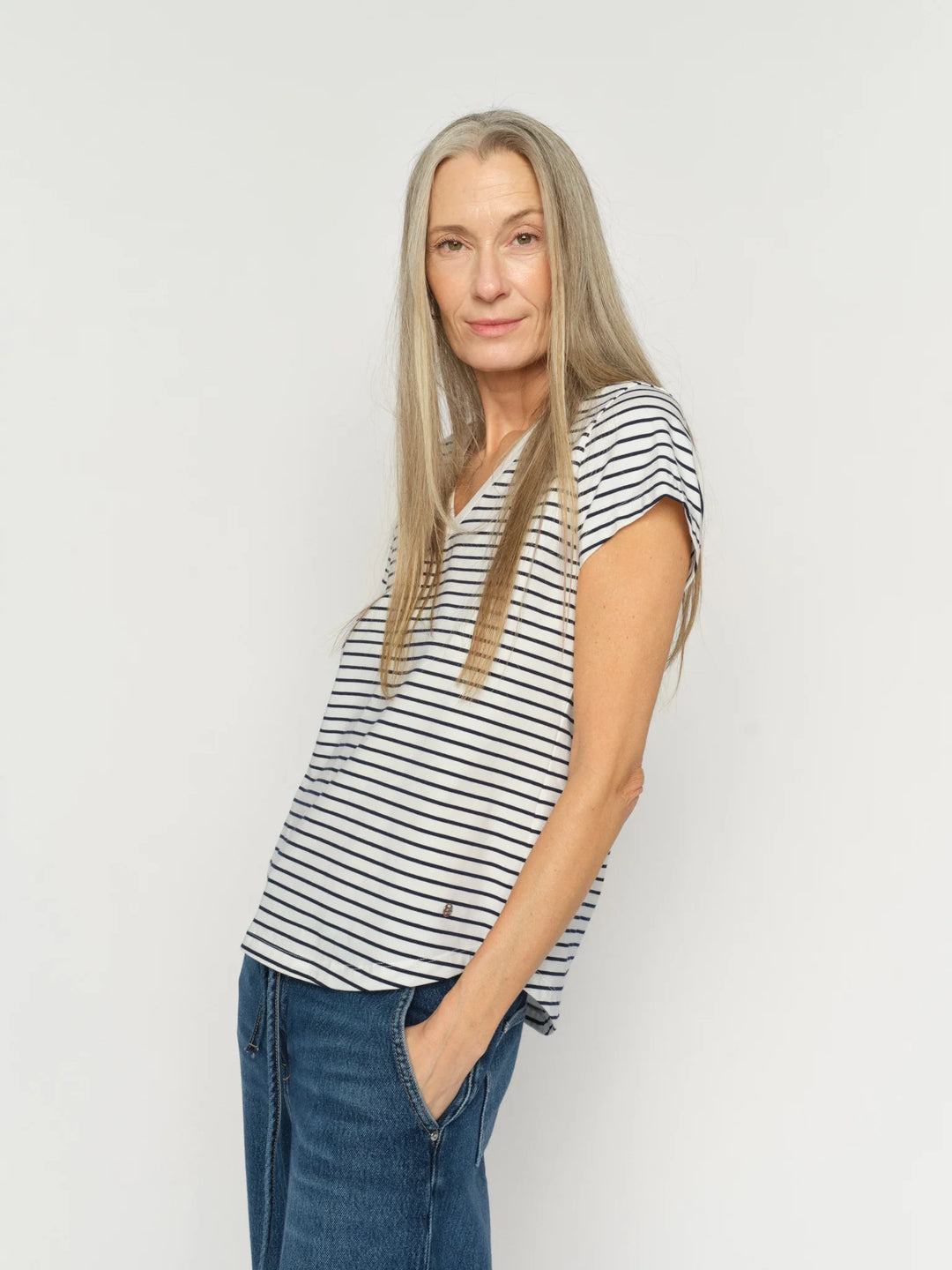 Mos Mosh Kala V-SS Stripe Tee - Salute Navy - Shop 9