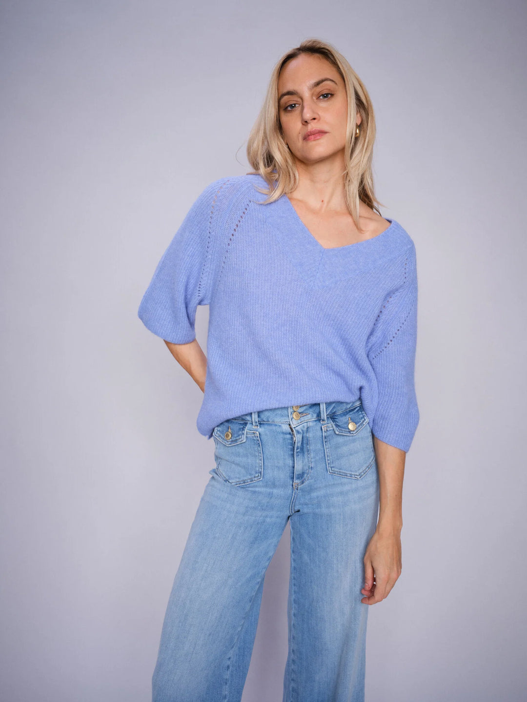 Mos Mosh Taci 3/4 V-Neck Knit - Hydrangea - Shop 9