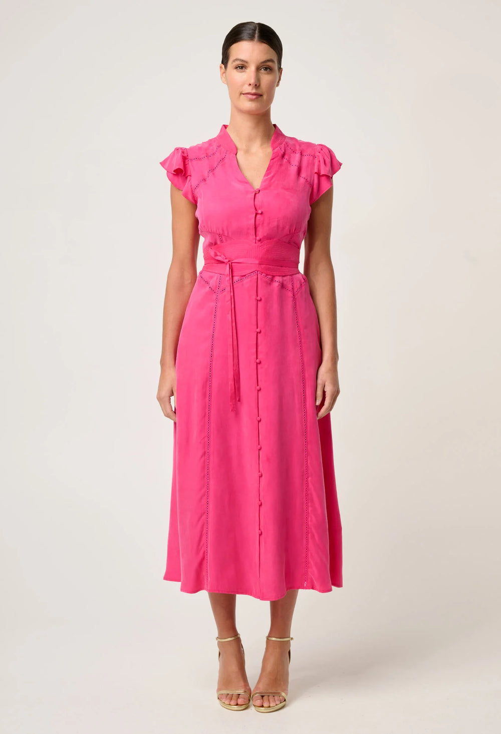 OnceWas Athena Cupro Viscose Flutter Sleeve Dress - Celosia Pink - Shop 9