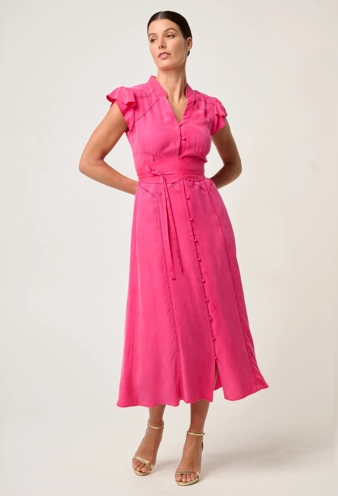 OnceWas Athena Cupro Viscose Flutter Sleeve Dress - Celosia Pink - Shop 9