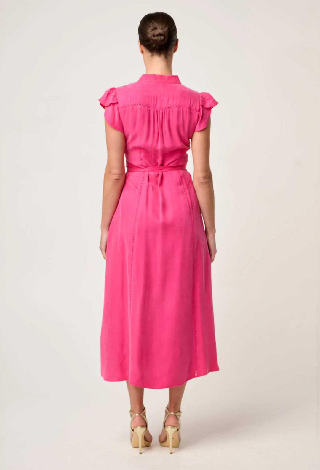 OnceWas Athena Cupro Viscose Flutter Sleeve Dress - Celosia Pink - Shop 9