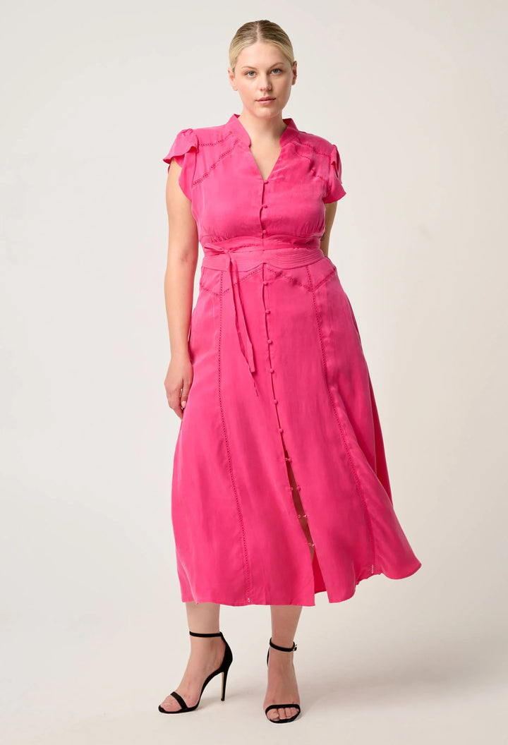 OnceWas Athena Cupro Viscose Flutter Sleeve Dress - Celosia Pink - Shop 9