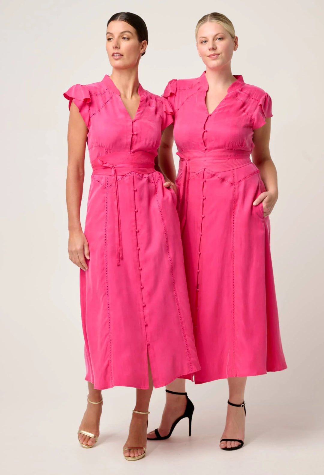 OnceWas Athena Cupro Viscose Flutter Sleeve Dress - Celosia Pink - Shop 9