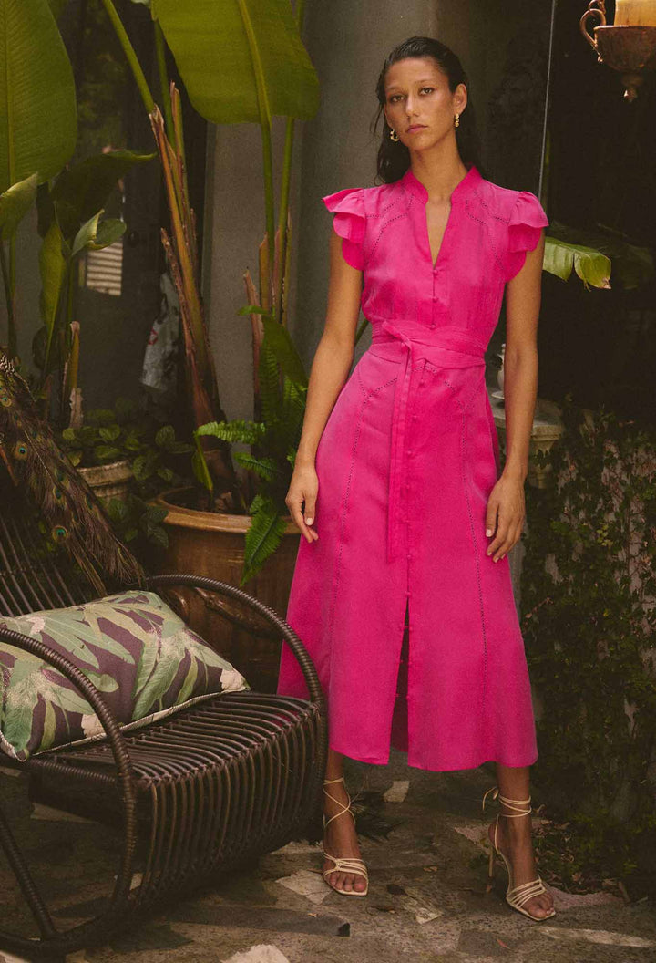 OnceWas Athena Cupro Viscose Flutter Sleeve Dress - Celosia Pink - Shop 9