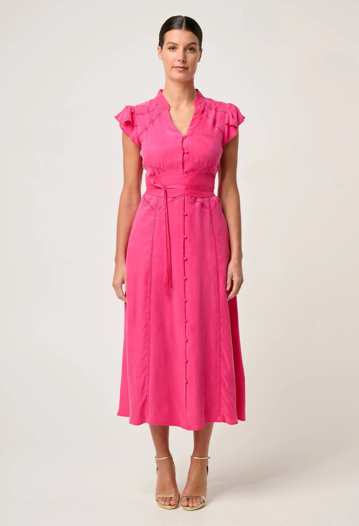 OnceWas Athena Cupro Viscose Flutter Sleeve Dress - Celosia Pink - Shop 9