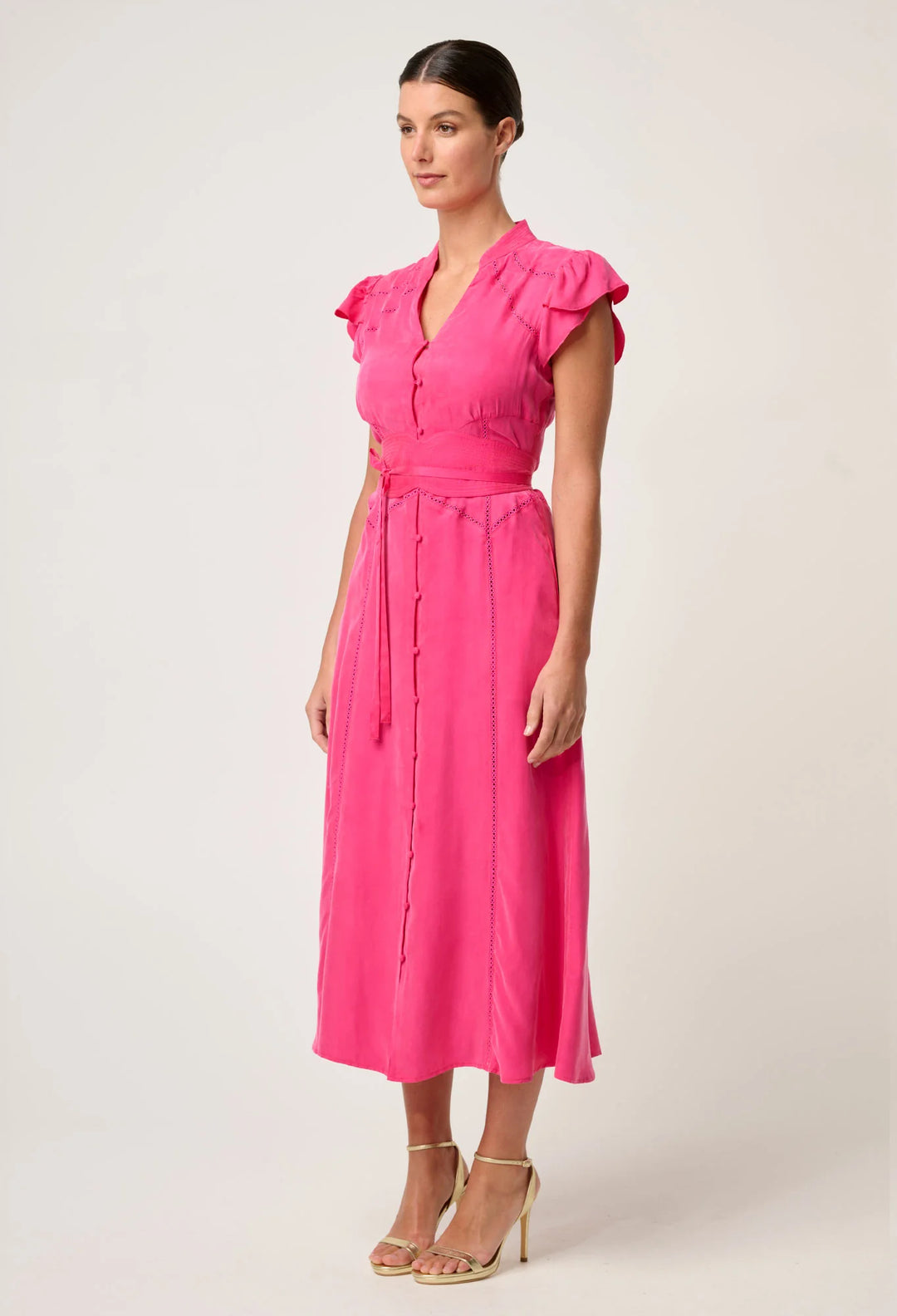 OnceWas Athena Cupro Viscose Flutter Sleeve Dress - Celosia Pink - Shop 9