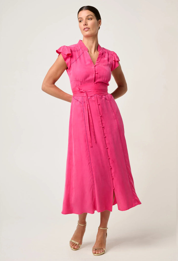 OnceWas Athena Cupro Viscose Flutter Sleeve Dress - Celosia Pink - Shop 9