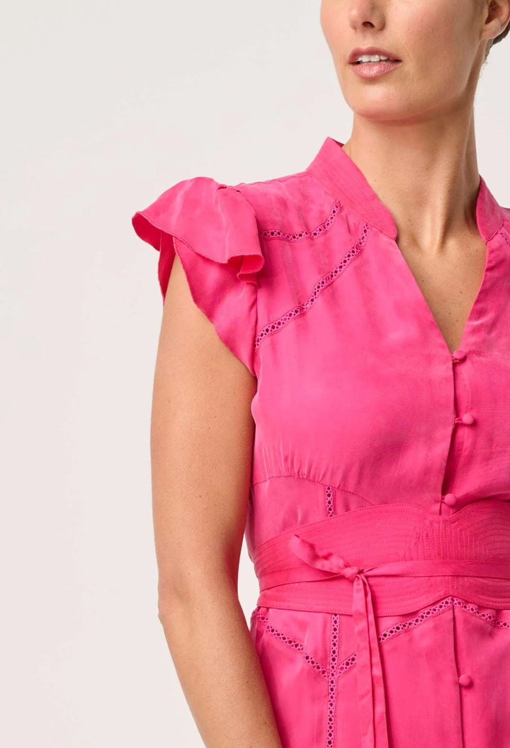 OnceWas Athena Cupro Viscose Flutter Sleeve Dress - Celosia Pink - Shop 9