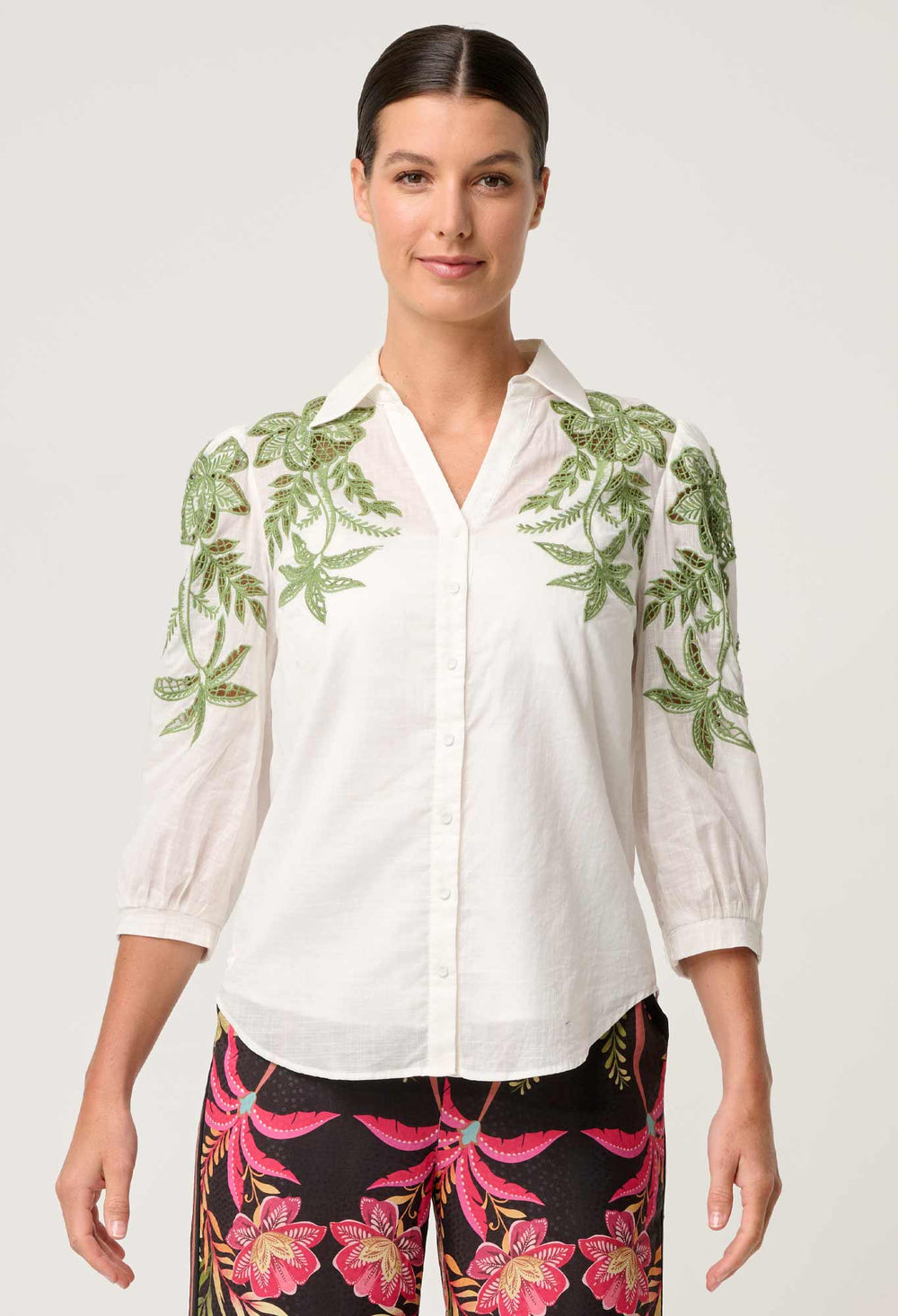 OnceWas Callisto Cotton Embroidered Shirt - Ivory - Shop 9