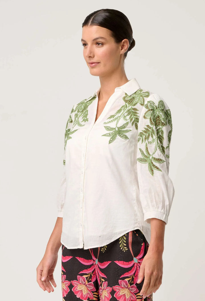 OnceWas Callisto Cotton Embroidered Shirt - Ivory - Shop 9