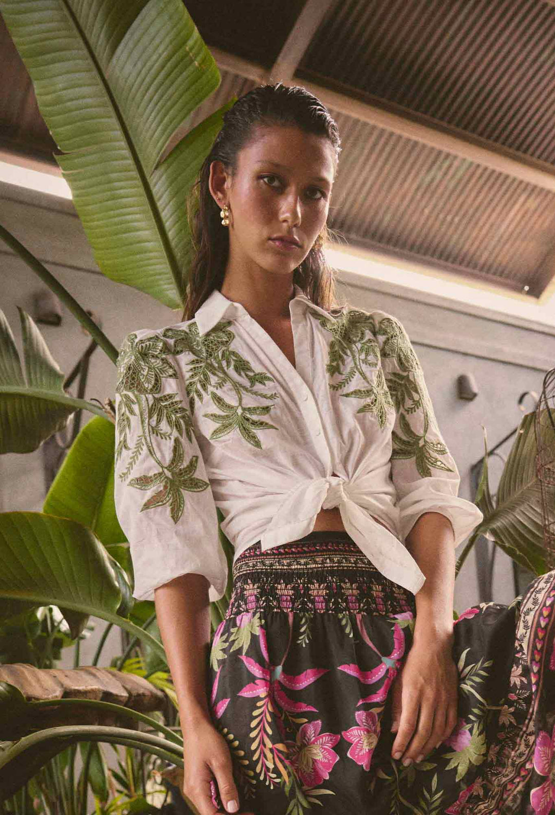 OnceWas Callisto Cotton Embroidered Shirt - Ivory - Shop 9