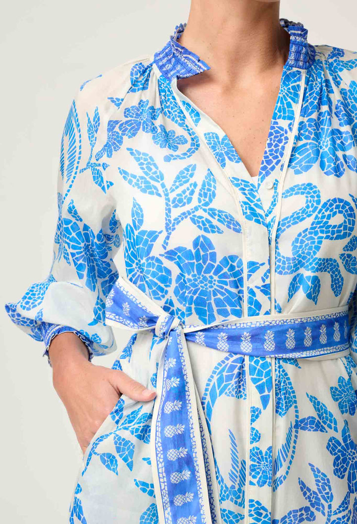 OnceWas Carmen Silk Cotton Maxi Dress - Azure Mosaic - Shop 9