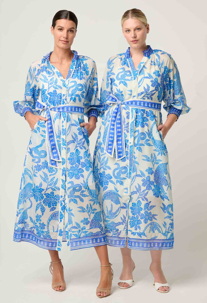 OnceWas Carmen Silk Cotton Maxi Dress - Azure Mosaic - Shop 9