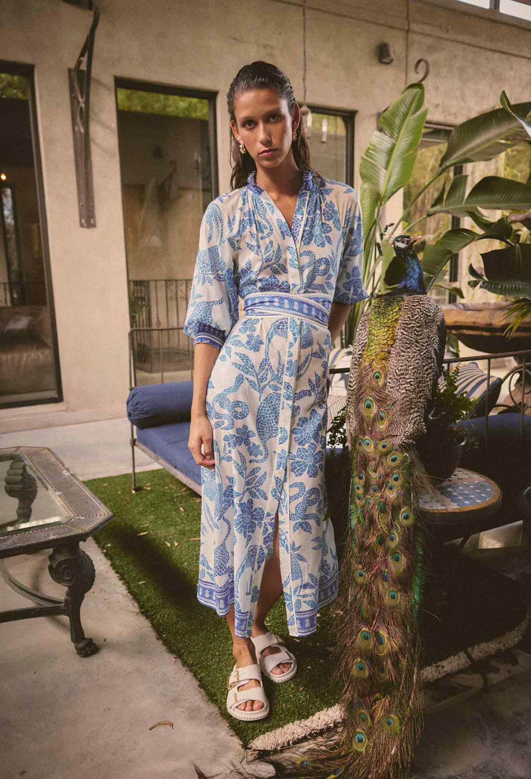 OnceWas Carmen Silk Cotton Maxi Dress - Azure Mosaic - Shop 9