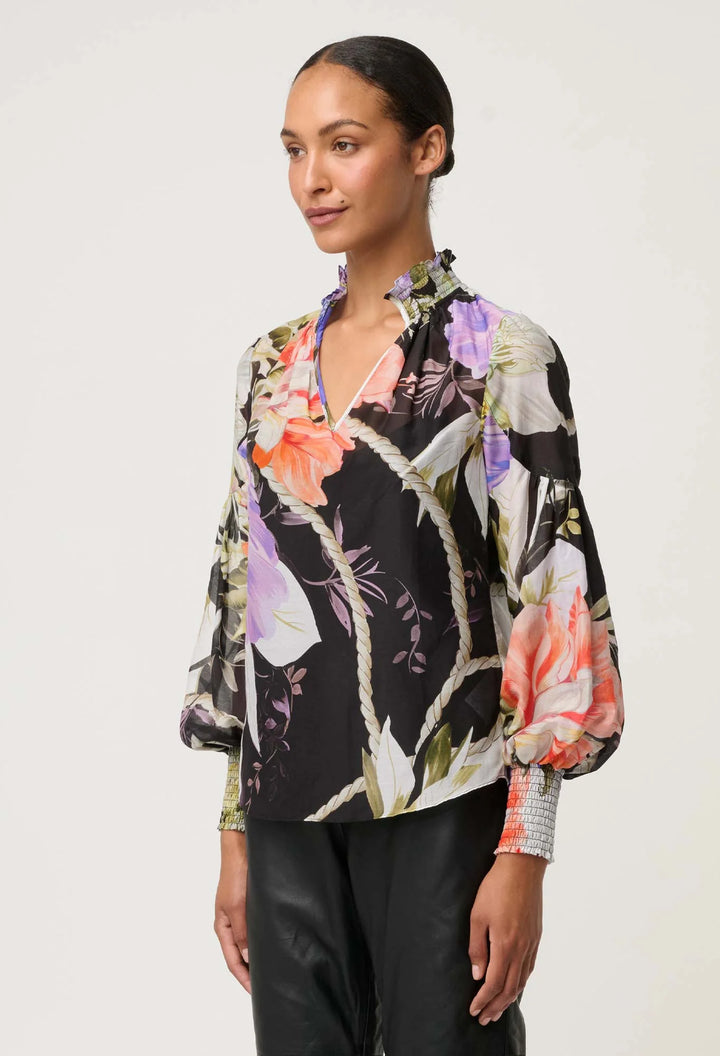 OnceWas Colette Cotton Silk Shirred Blouse - Tangled Blossom - Shop 9
