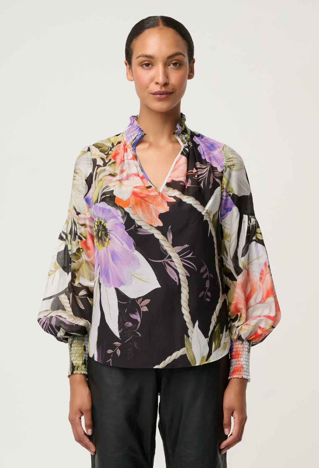 OnceWas Colette Cotton Silk Shirred Blouse - Tangled Blossom - Shop 9