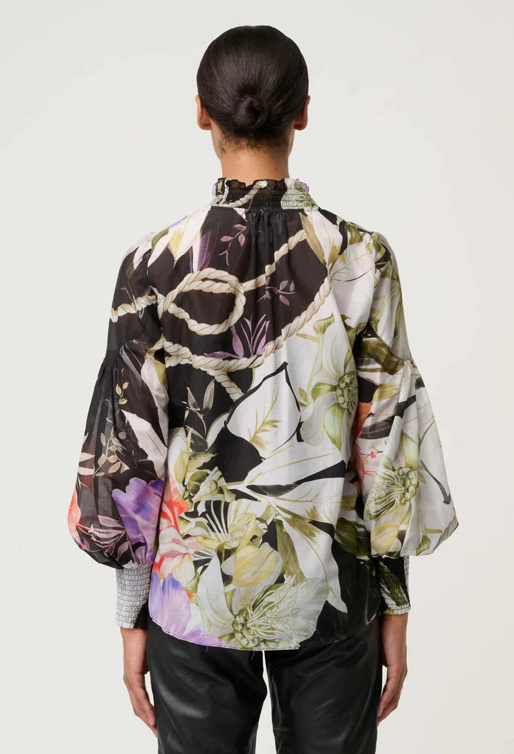 OnceWas Colette Cotton Silk Shirred Blouse - Tangled Blossom - Shop 9