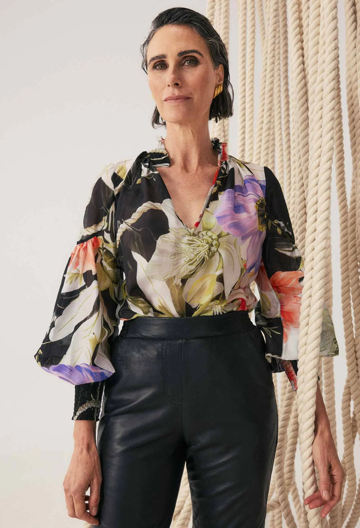 OnceWas Colette Cotton Silk Shirred Blouse - Tangled Blossom - Shop 9