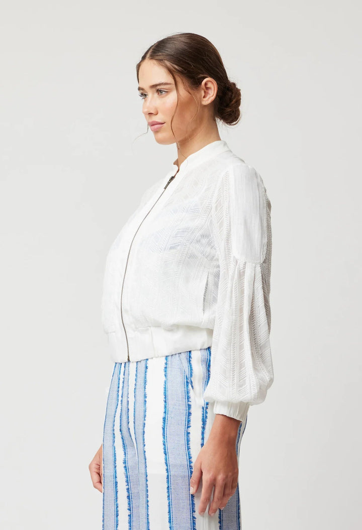 OnceWas Margot Embroidered Chiffon Bomber In White - Shop 9