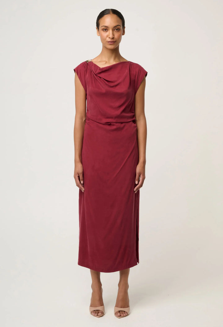 OnceWas Monique Draped Neck Dress - Ruby - Shop 9