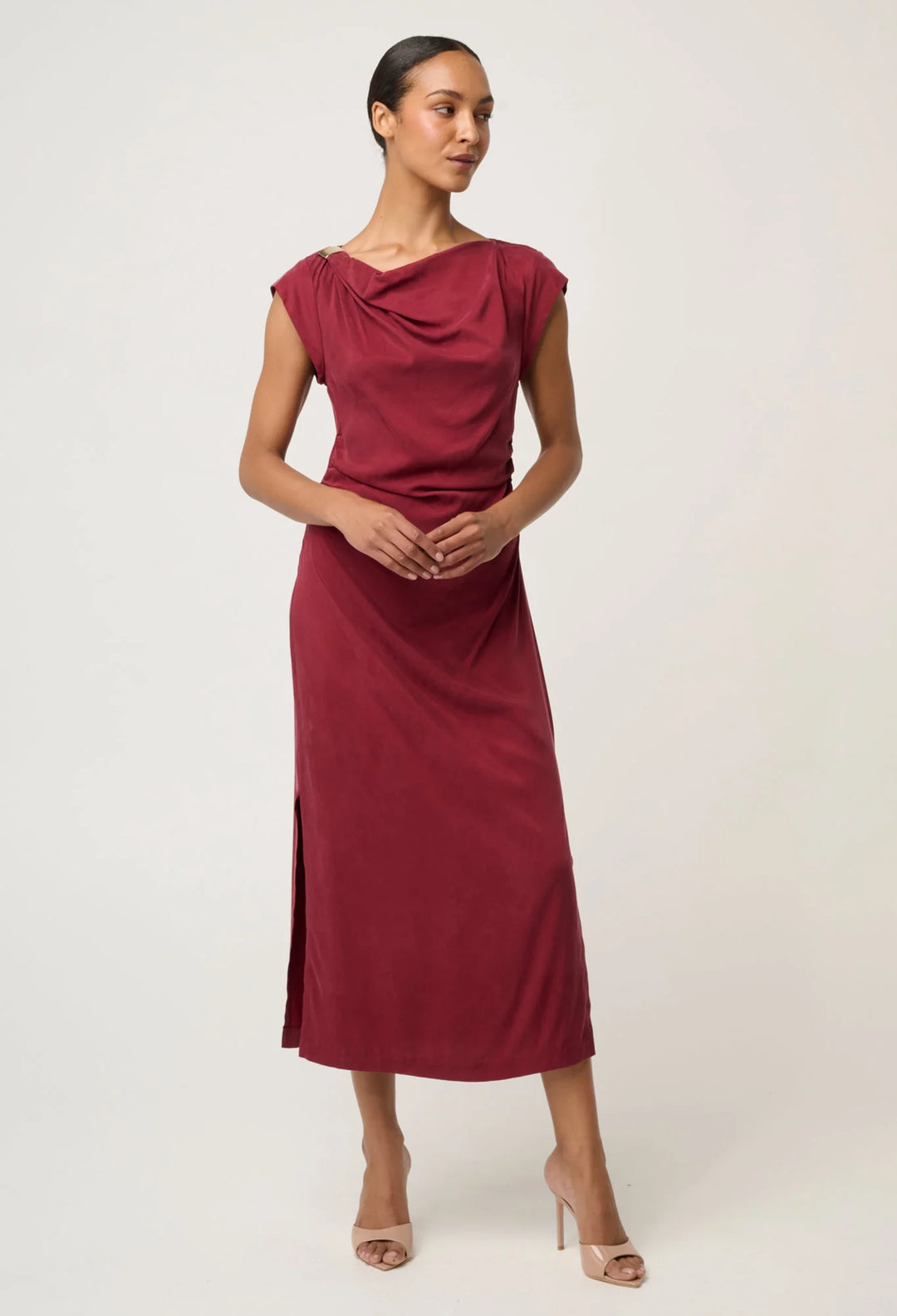 OnceWas Monique Draped Neck Dress - Ruby - Shop 9