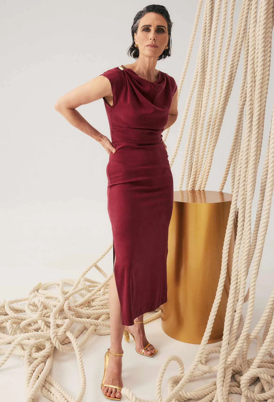 OnceWas Monique Draped Neck Dress - Ruby - Shop 9