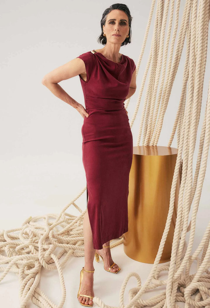 OnceWas Monique Draped Neck Dress - Ruby - Shop 9
