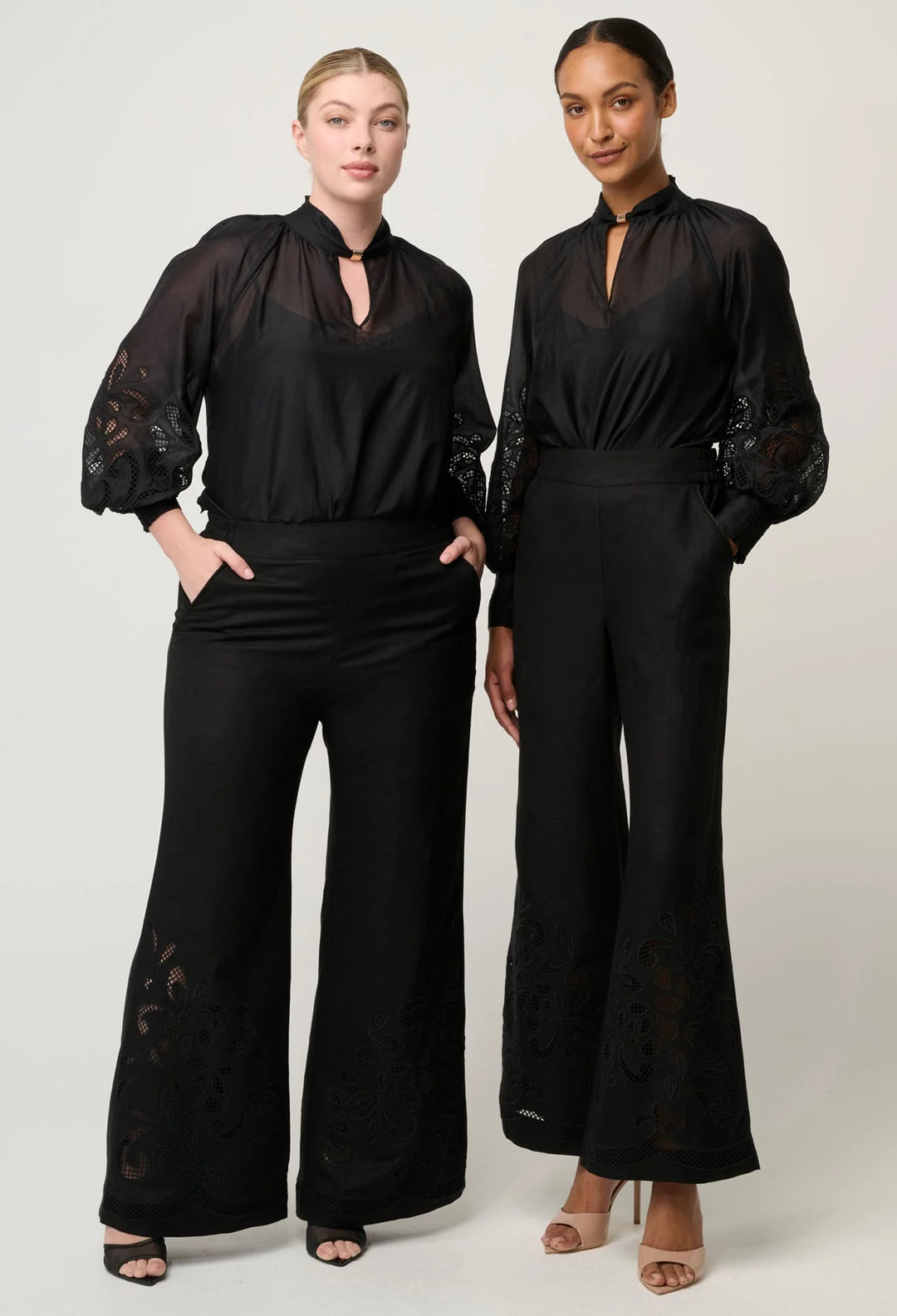 OnceWas Rhea Linen Viscose Embroided Pant - Black - Shop 9